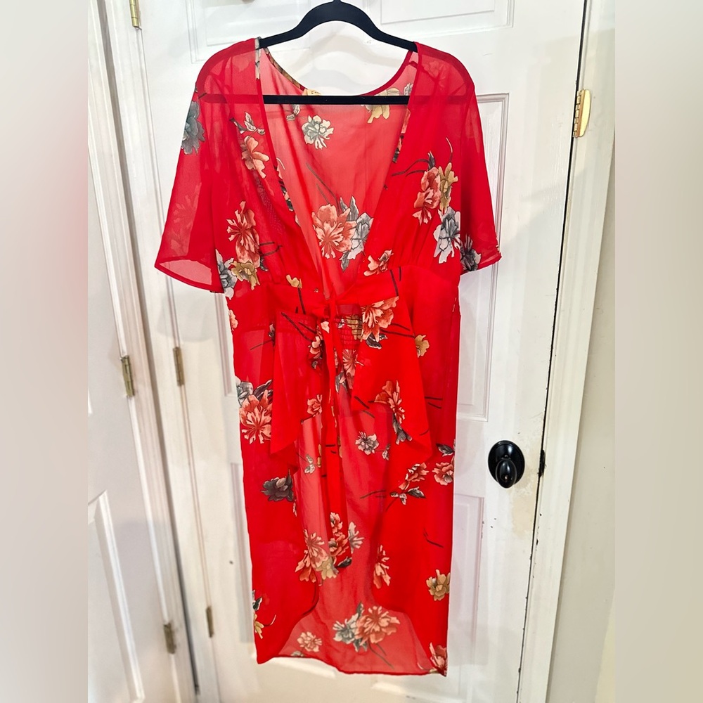 Live 4 Truth Women  Red Floral Long Flutter Sleeve Kimono Duster 1X boho